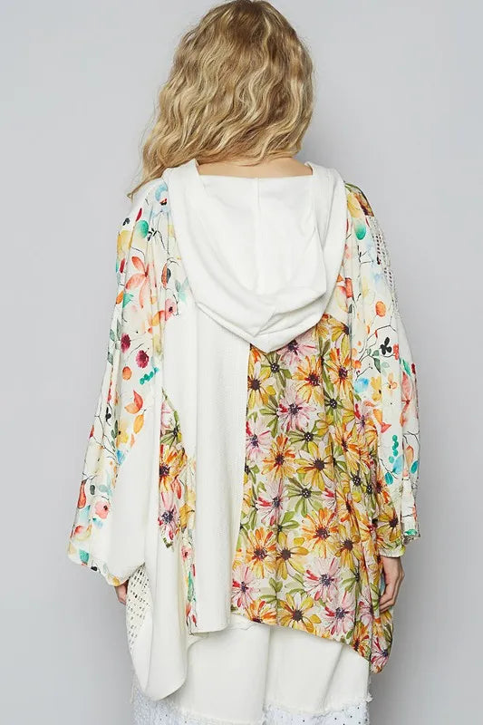 POL Crochet Patch Lace Detail Button Detail Floral Hooded Top