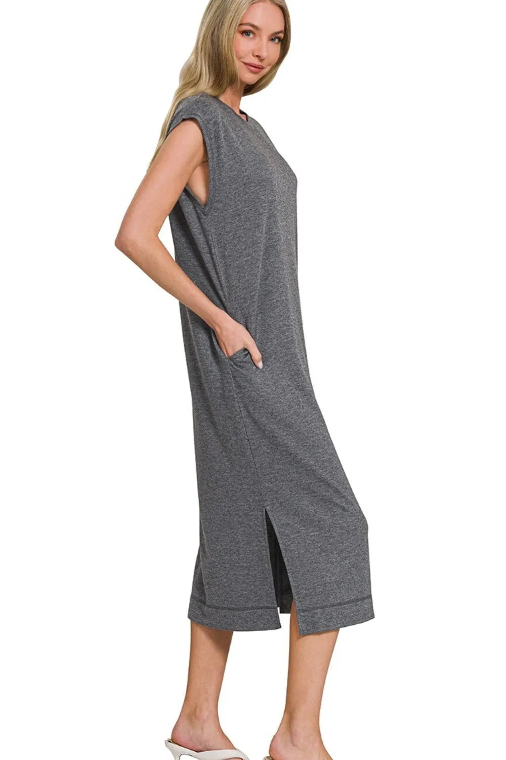 Zenana French Terry Sleeveless Round Neck Midi Dress