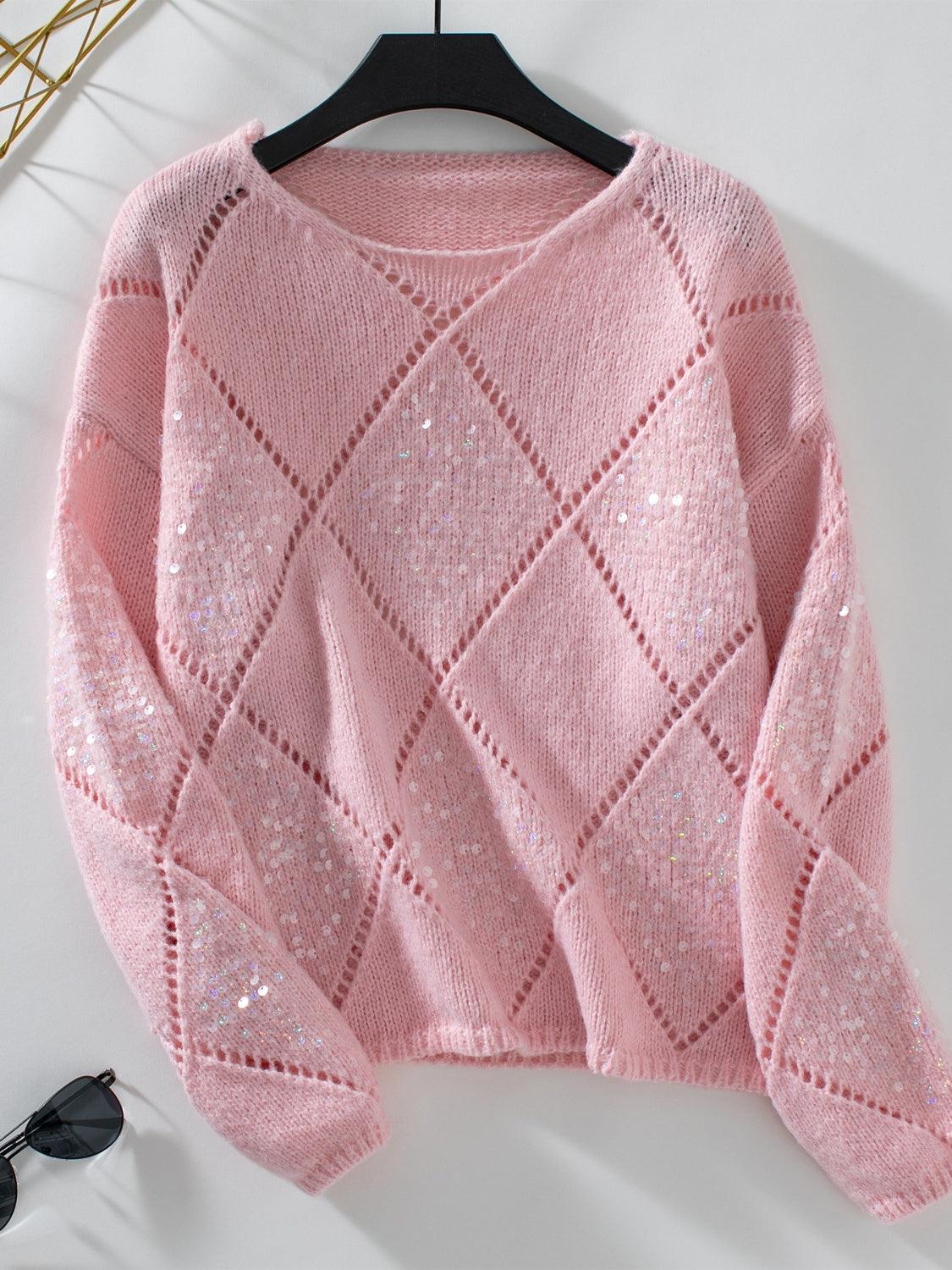 Openwork Round Neck Long Sleeve Knit Top Dusty Pink