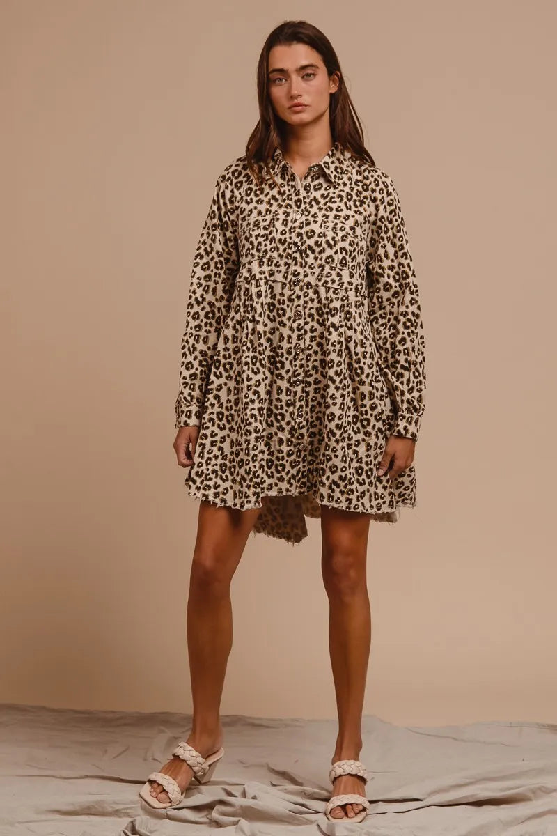 BiBi Washed Denim Button Down Dress with Side Pocket