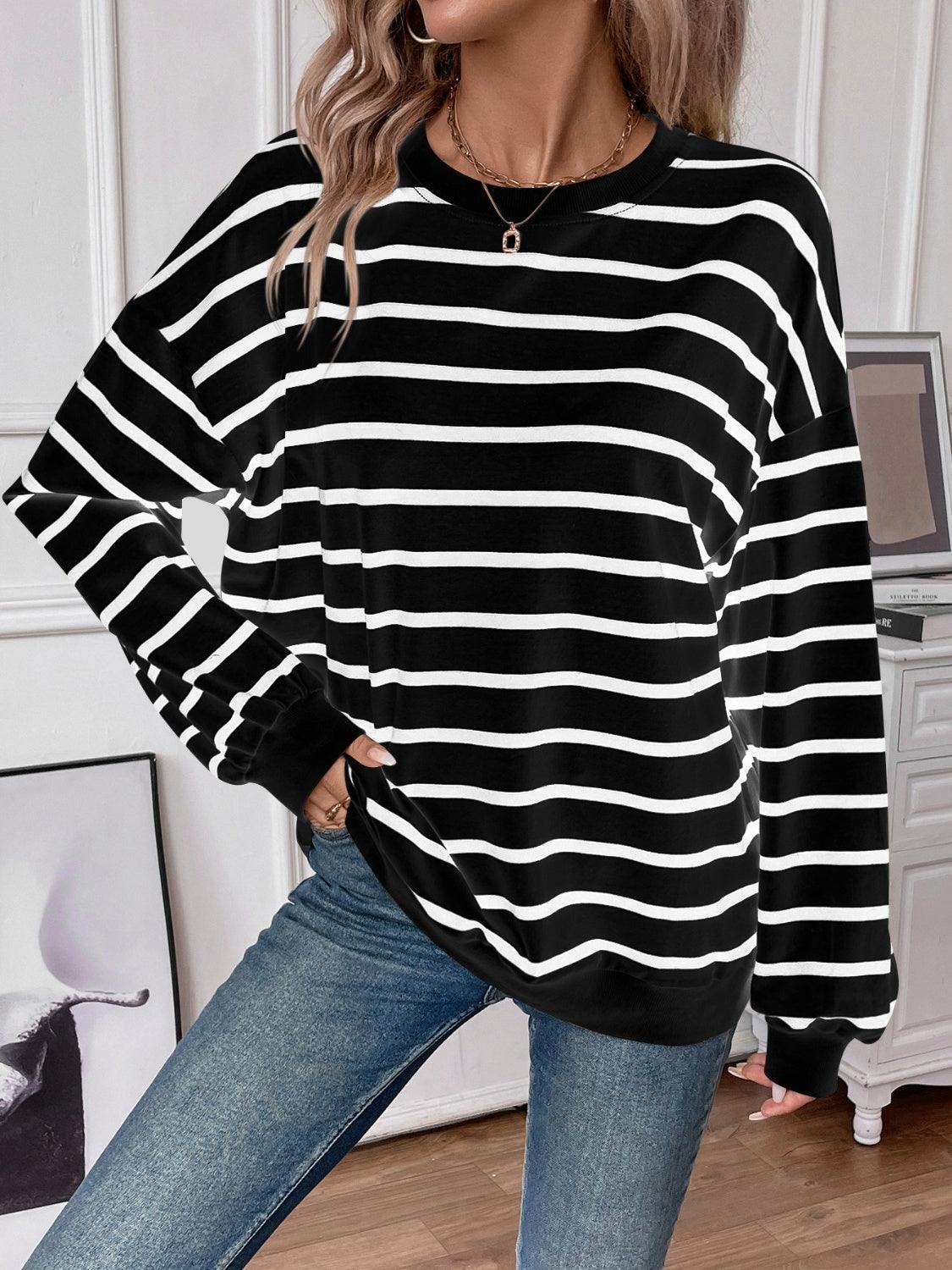 Lovelet Striped Round Neck Long Sleeve Sweatshirt Black
