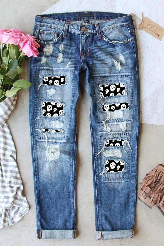 Distressed Skeleton Pattern Jeans with Pockets Medium