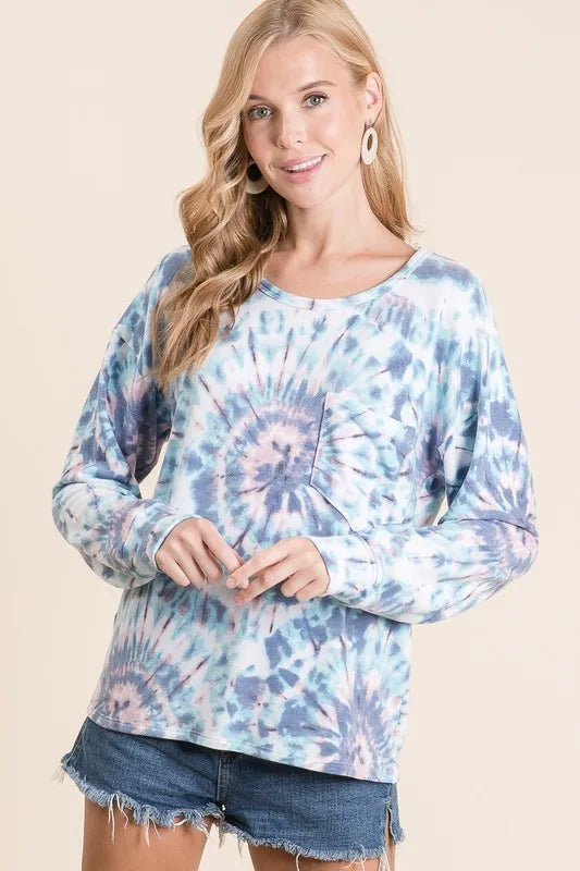 BiBi Tie Dye Print Terry Top with Front Patch Pocket