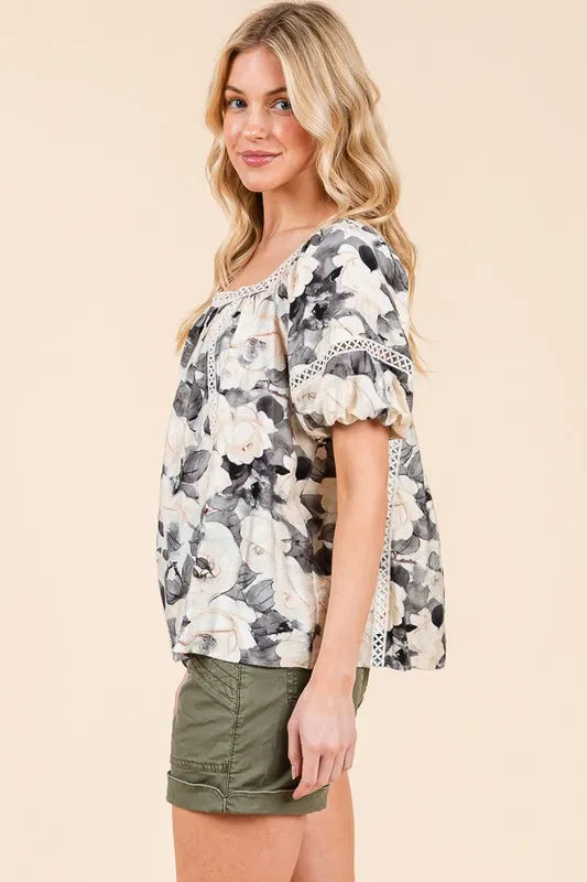 Lime 'N' Chili Floral Print Lace Trim Puff Sleeve Blouse