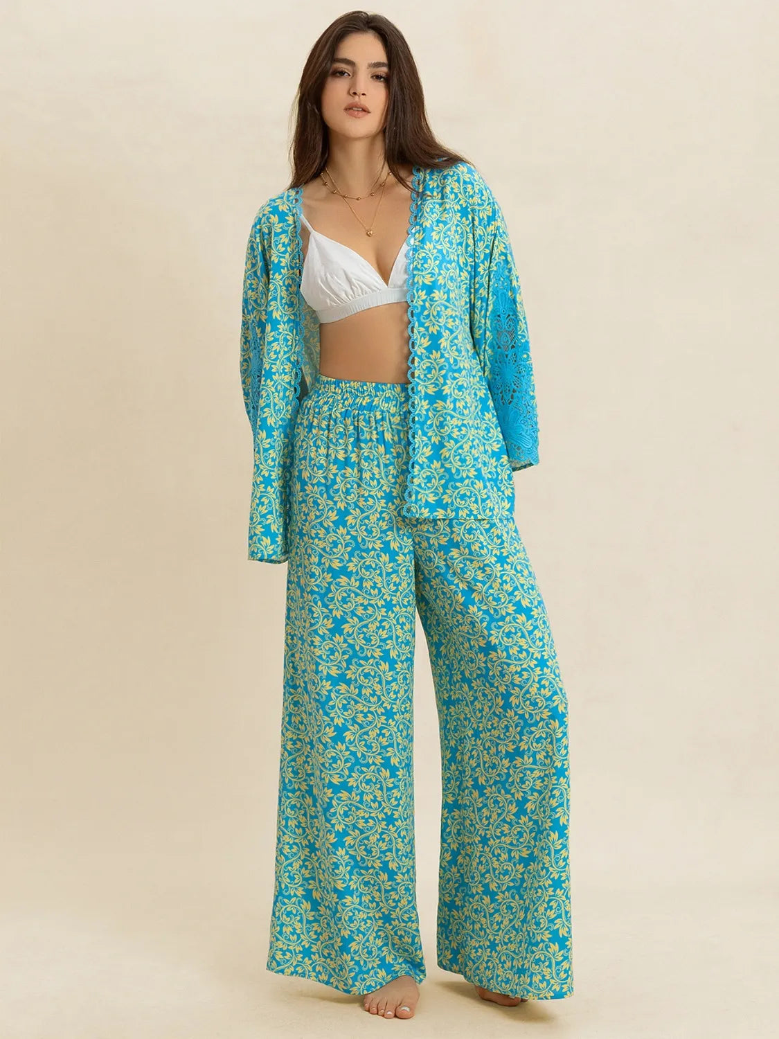 Open Front Printed Top and Pants Set