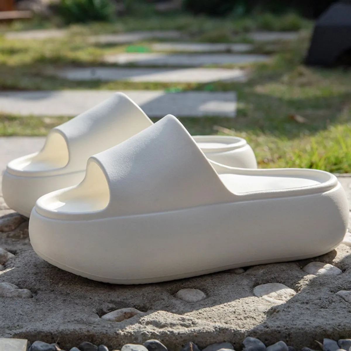 Open Toe Platform Slippers White