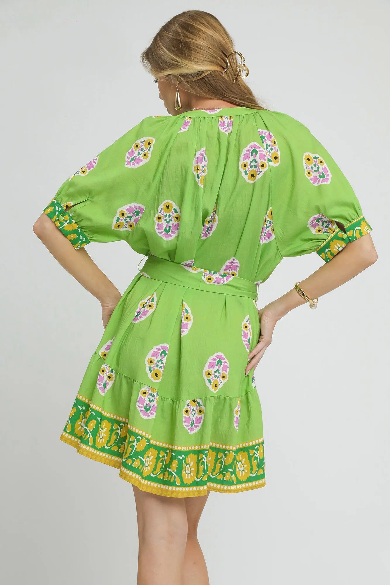 Umgee Floral Print Tie Waist Short Sleeve Dress