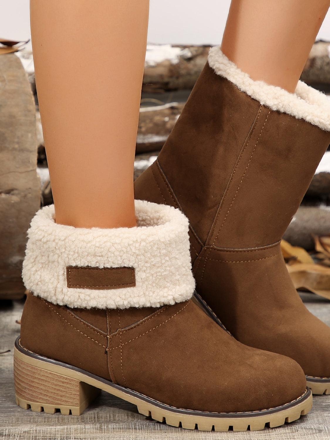 Thermal Fuzzy Block Heel Boots Brown