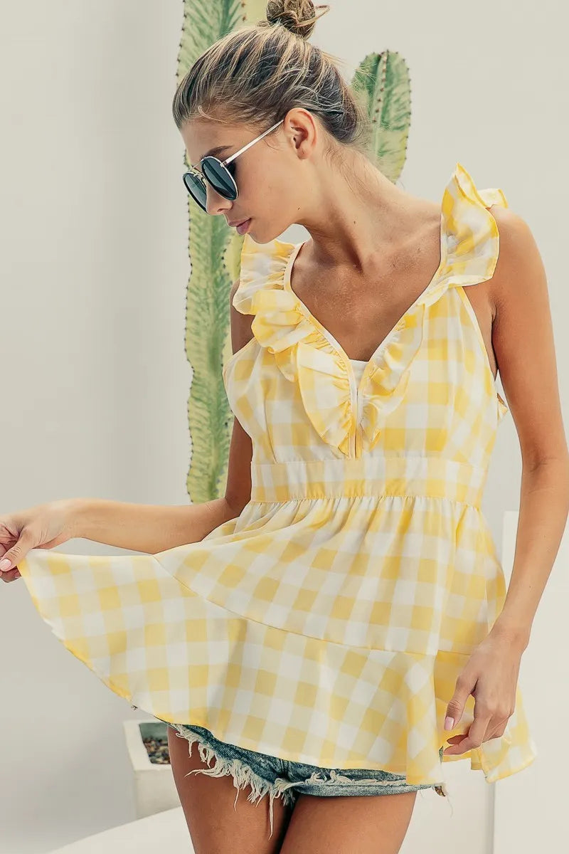 BiBi Ruffled Neckline Sleeveless Check Plaid Peplum Top