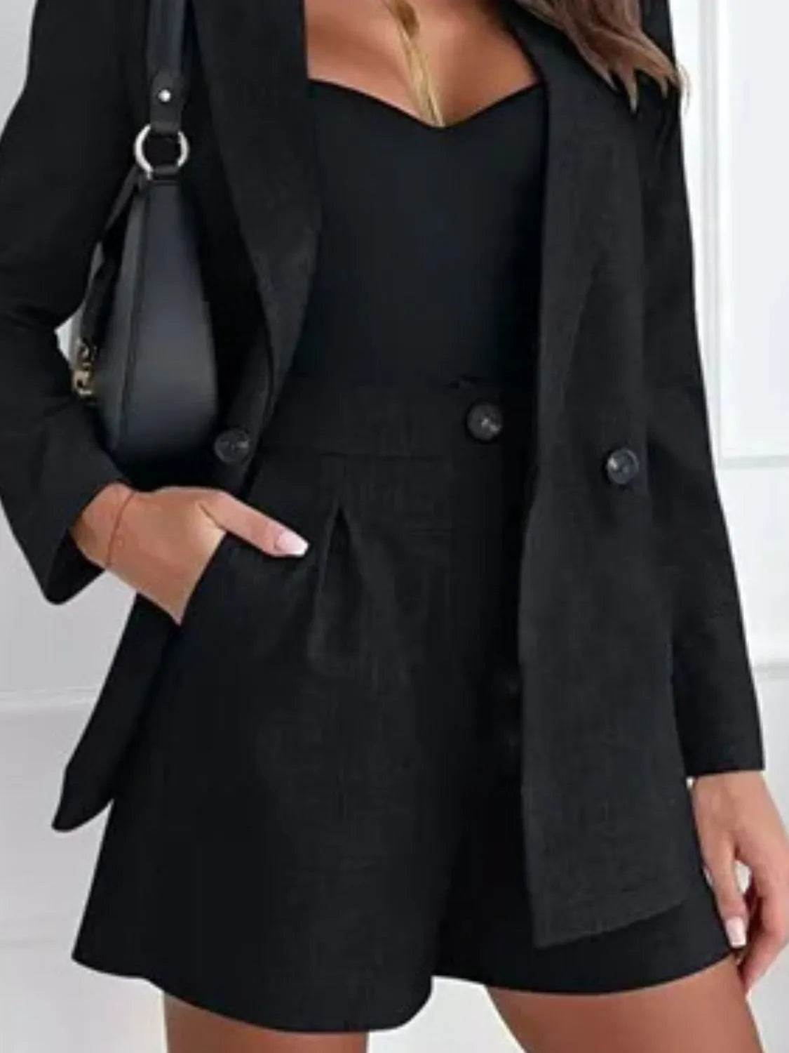 One Button Lapel Collar Blazer and Shorts Set