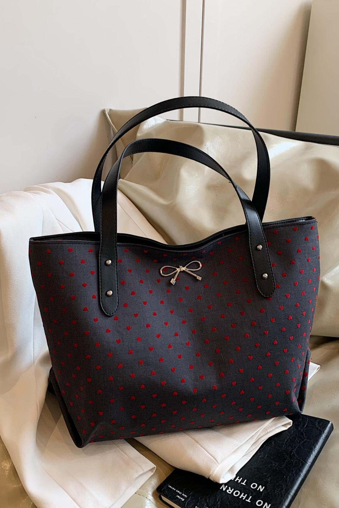 Polyester Bow Polka Dot Tote Bag Peach Heart One Size