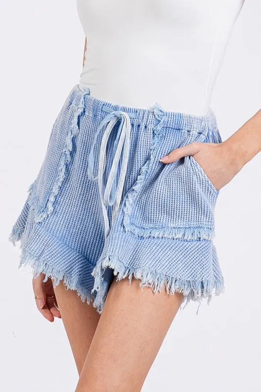 SAGE + FIG Mineral Washed Vintage Raw Hem Shorts Periwinkle