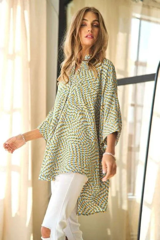 Davi & Dani Geo Printed Relaxed Fit Flowy Button Down Shirt