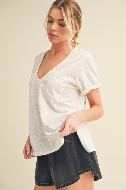 Aemi + Co Side Slit V-Neck Short Rolled Sleeve T-Shirt