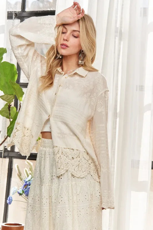 ADORA Crochet Lace Long Sleeves Button Down Shirt