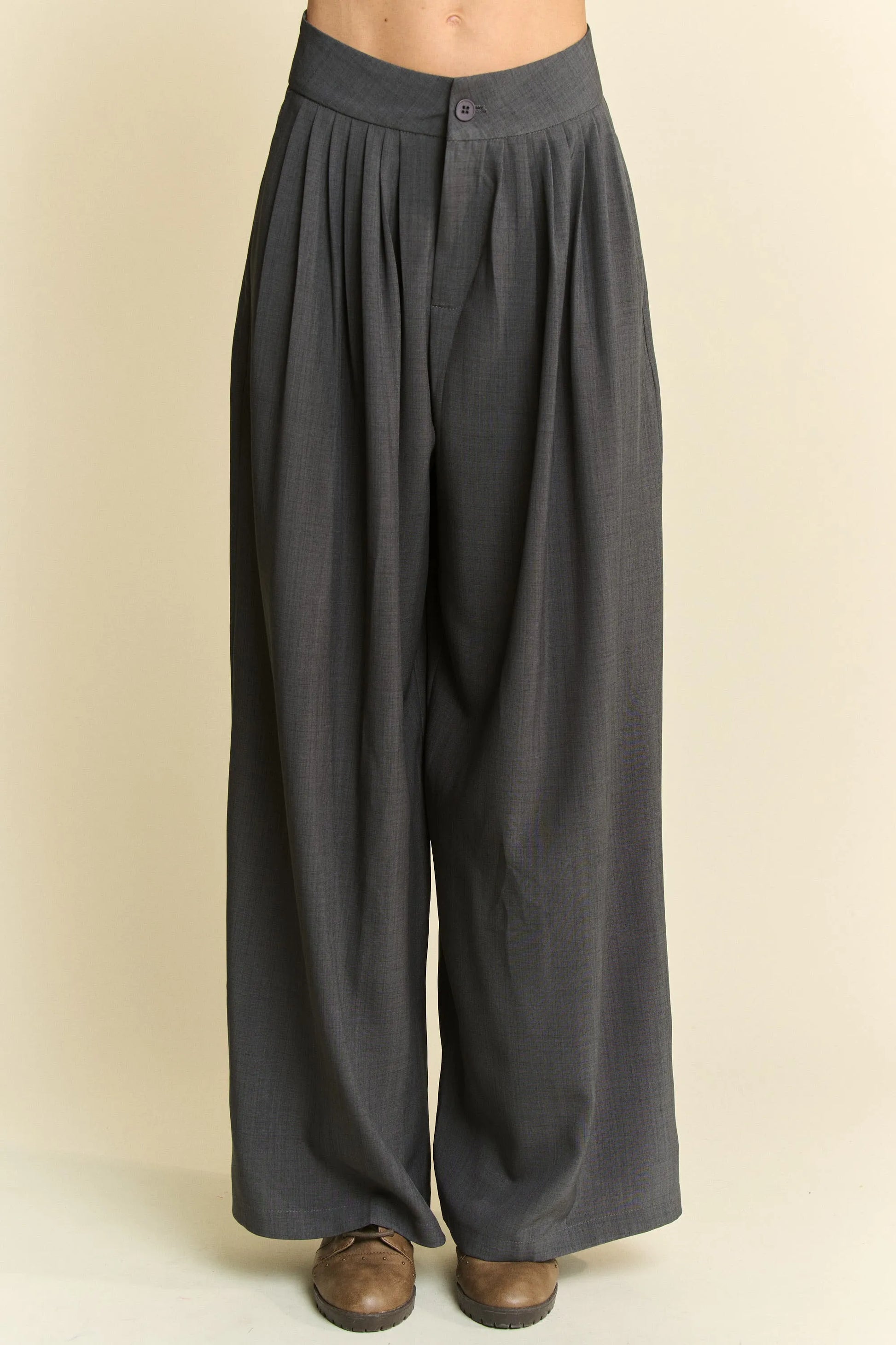 Davi & Dani Solid Back Pocket Shirring Detail Wide Leg Pants GREY