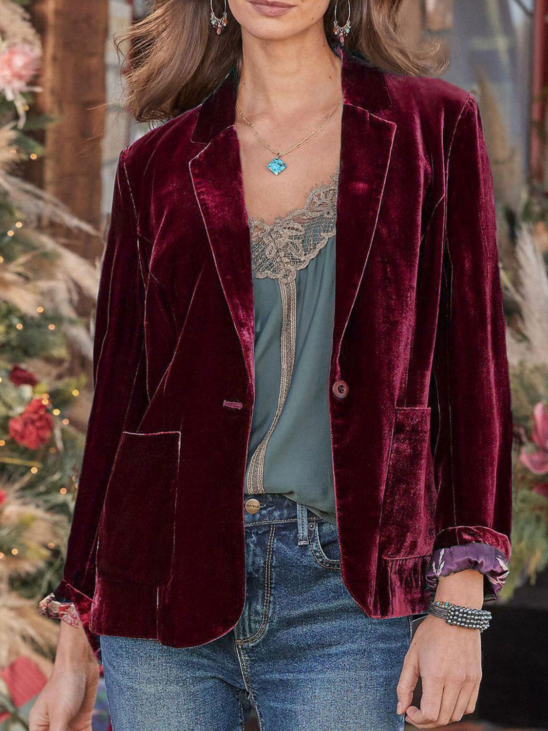 Pocketed Button Up Lapel Collar Blazer Burgundy