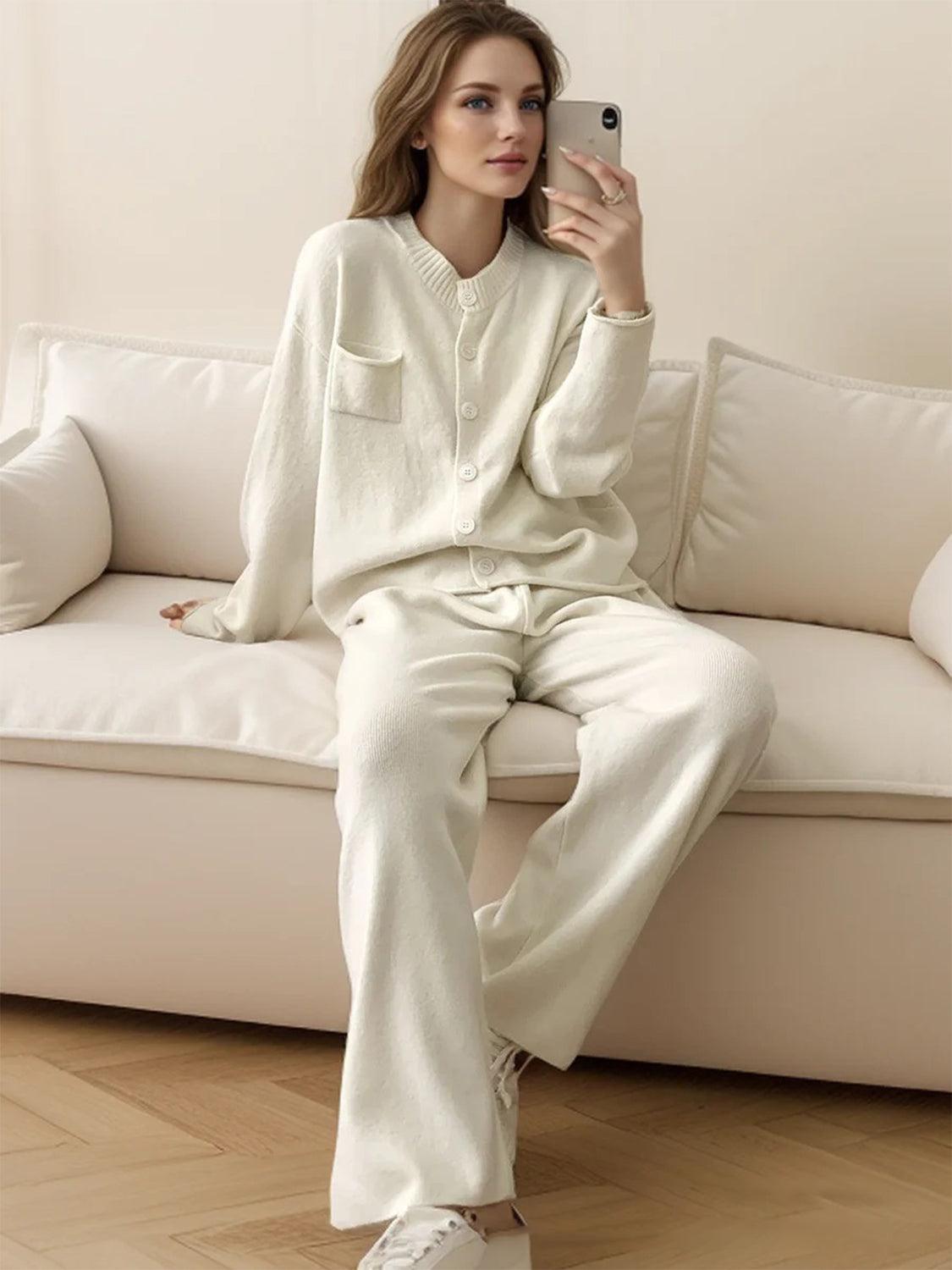 Pocketed Round Neck Button Up Cardigan and Pants Sweater Set White One Size