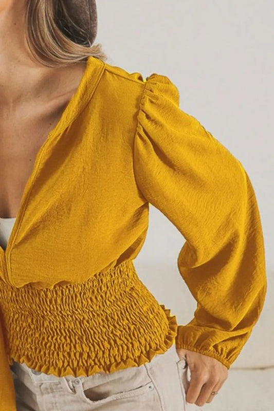 BiBi Smoking Waist Band and Puff Sleeves Deep V Neck Top
