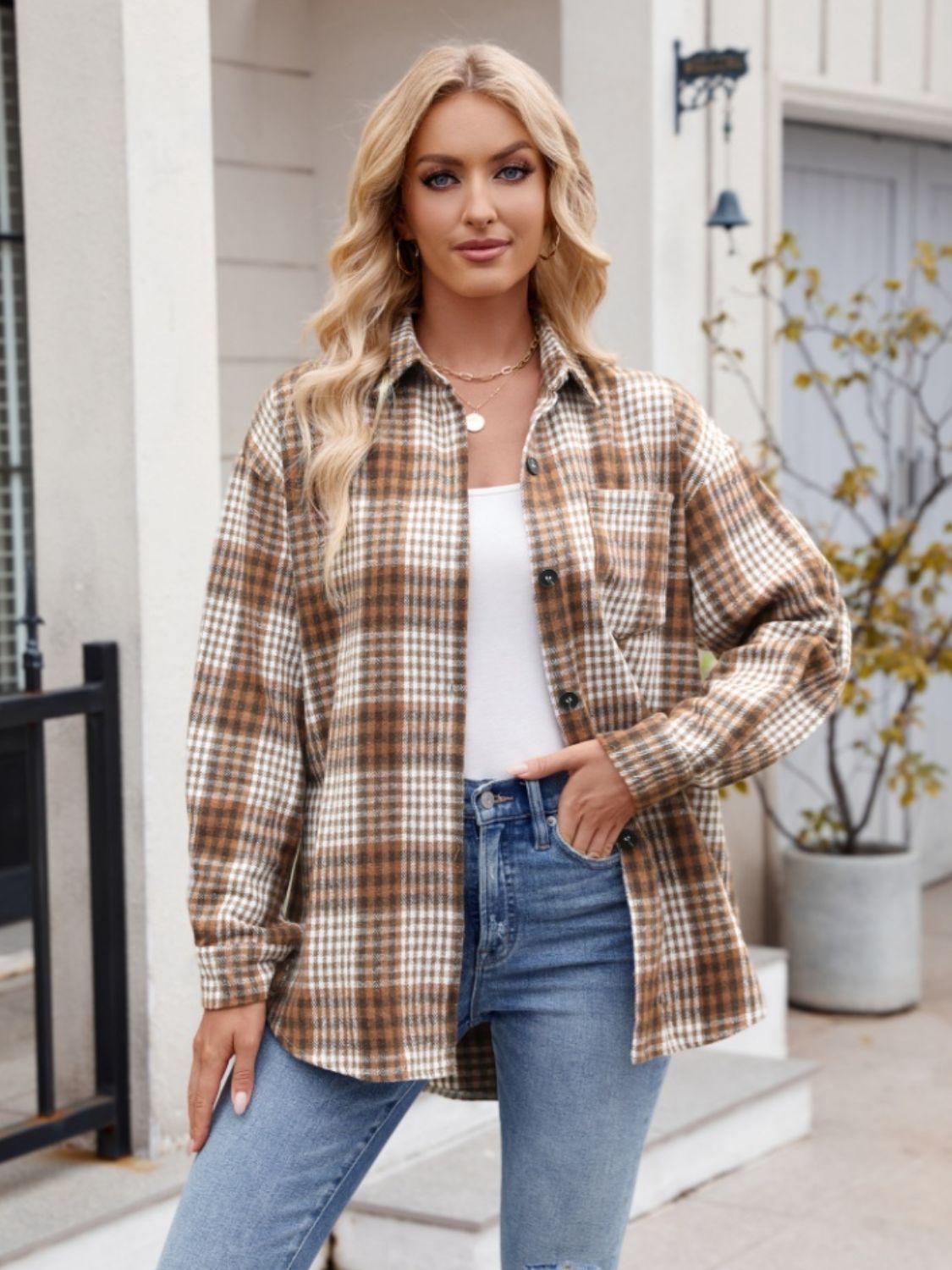Mandy Pocketed Plaid Collared Neck Long Sleeve Shirt Caramel