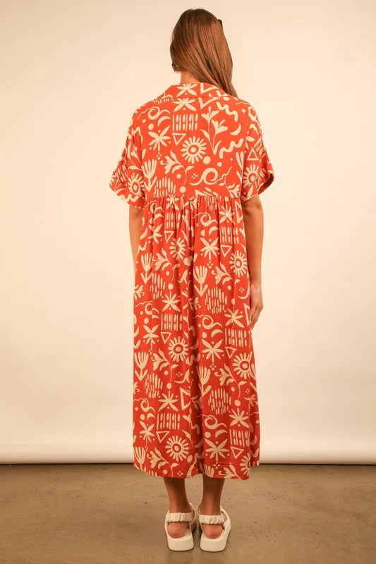 VERY J Oversized Printed Shirt Midi Dress
