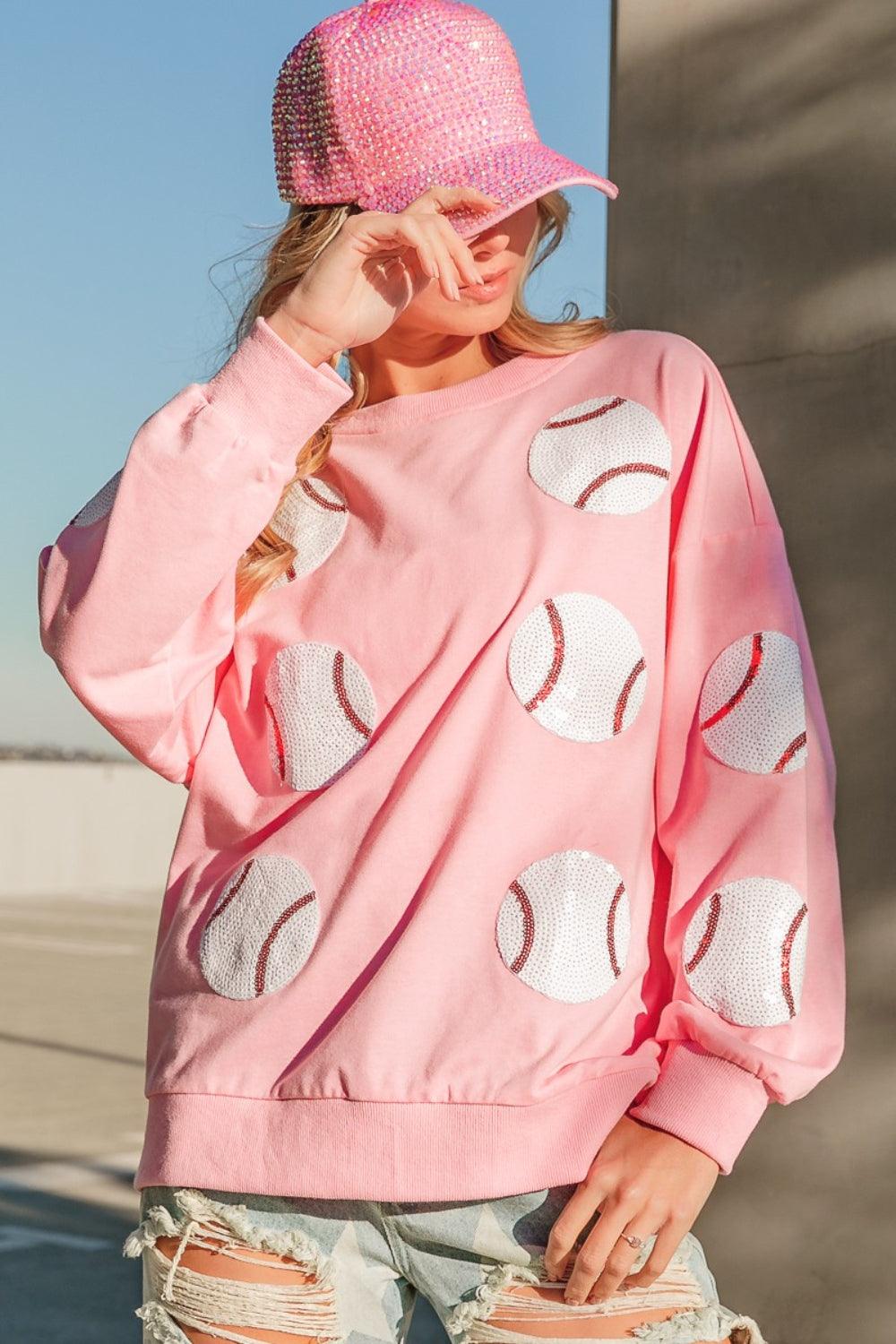 BiBi Sequin Baseball Sweatshirt - French Terry Patches Design Lt Pink
