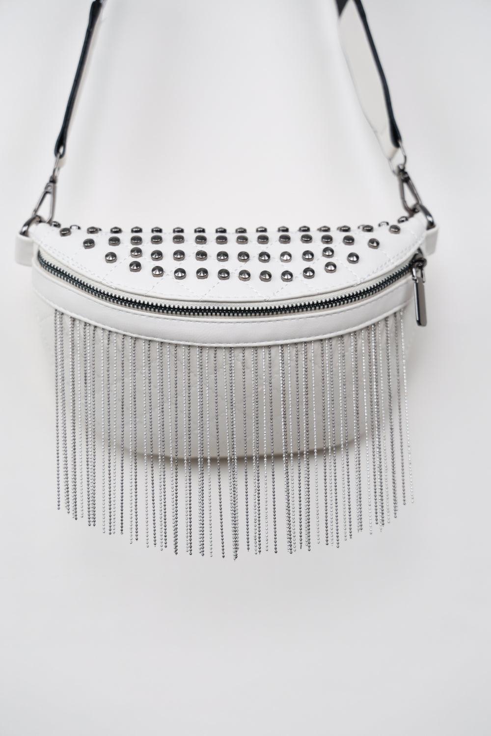 PU Leather Studded Sling Bag with Fringes White One Size