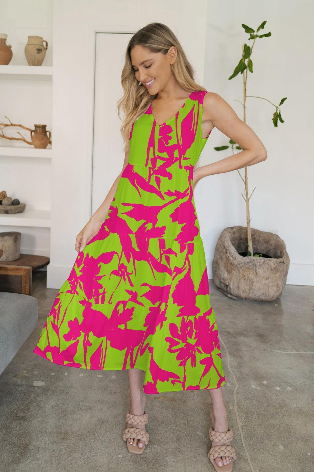 FAM-FAM Tiered Printed V-Neck Sleeveless Dress Yellow-Green