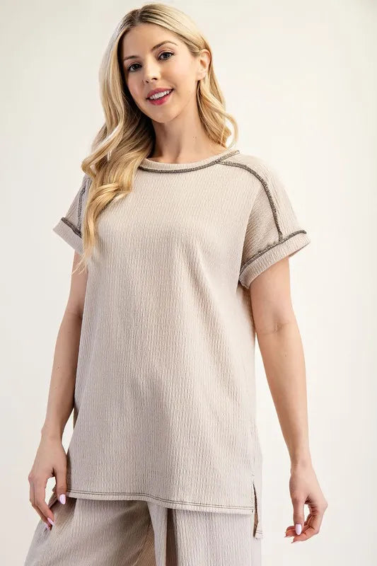 Celeste Full Size Relaxed-Fit Textured Top with Short Sleeves Plus Size