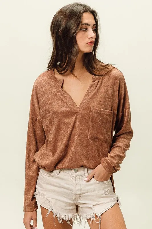 BiBi Loop Terry Solid V Neck Pocket Top