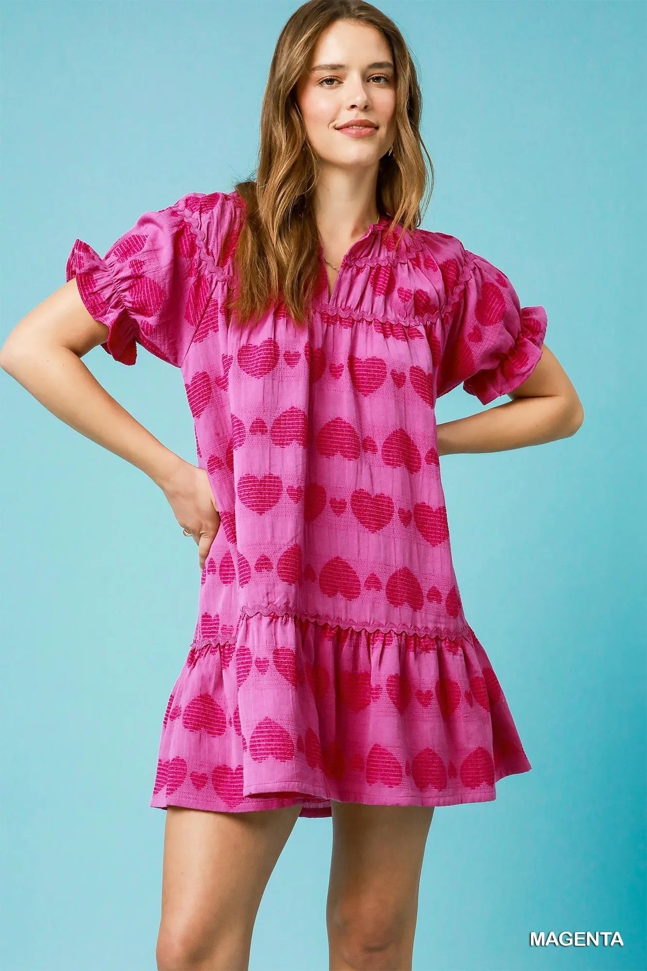 Umgee Heart Pattern Short Sleeve Ruffle Babydoll Dress MAGENTA