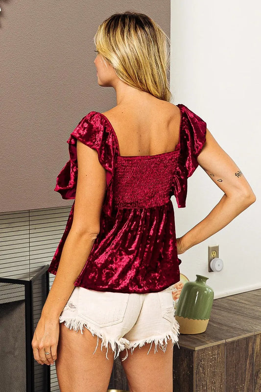 BiBi Ruffled Cap Crush Velvet Peplum Top