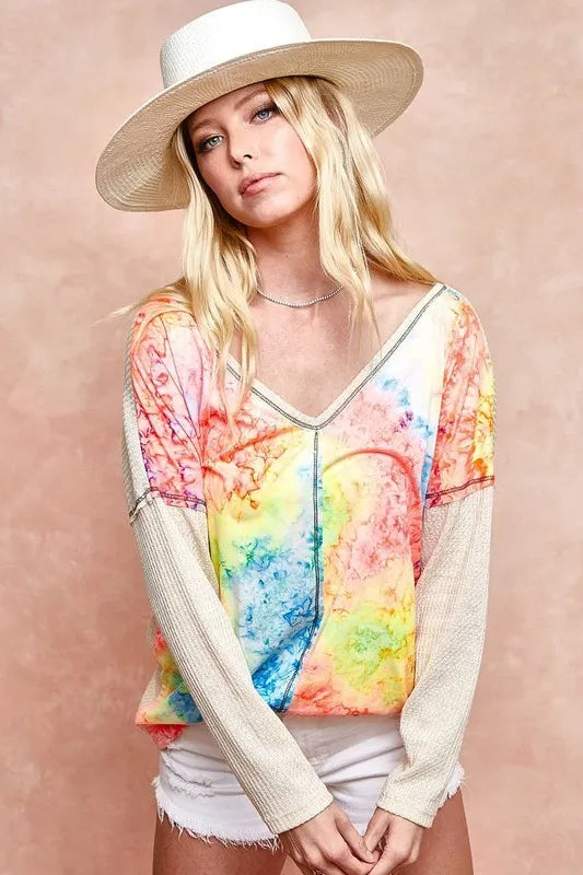 BiBi Print Block V Neck Top with Contrast Stitching