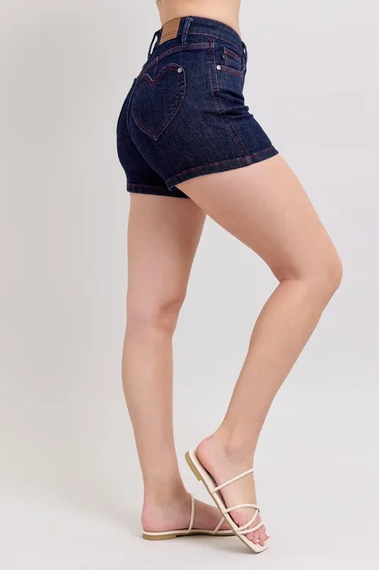 Judy Blue Full Size High Waist Heart Shaped Pkts & Red Contrast Thread Denim Shorts Plus Size