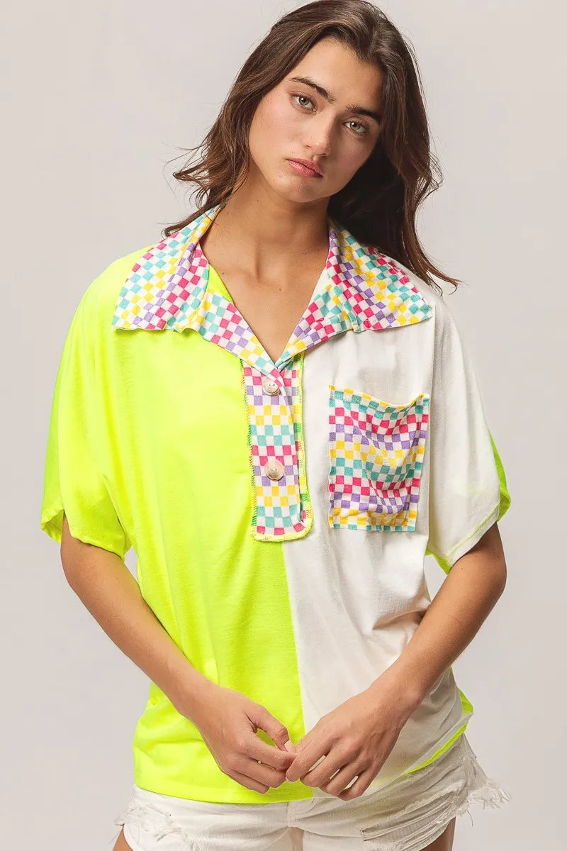 BiBi Color Block Knit with Multi Checker Contrast Top