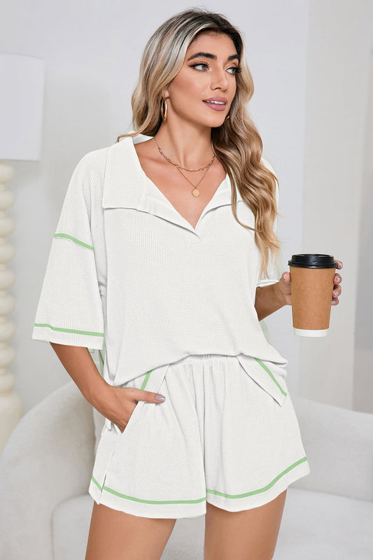 Colorblock Trim Waffle Knit Top and Shorts Set