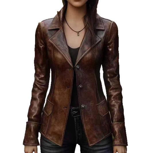 Brown leather jacket worn by a person on a white background