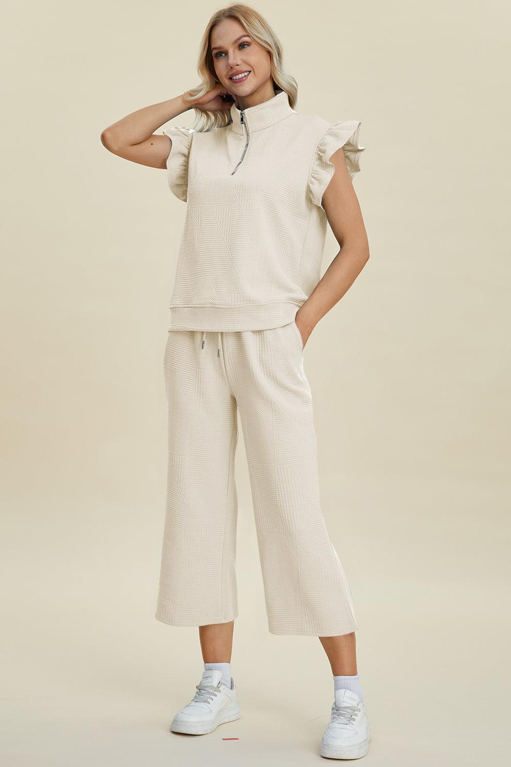 Double Take Full Size Texture Ruffle Short Sleeve Top and Wide Leg Pants Set Ivory