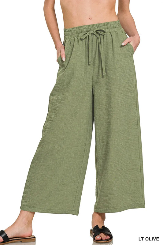 Zenana Woven Crepe Elastic Band Waist Cropped Pants LT OLIVE
