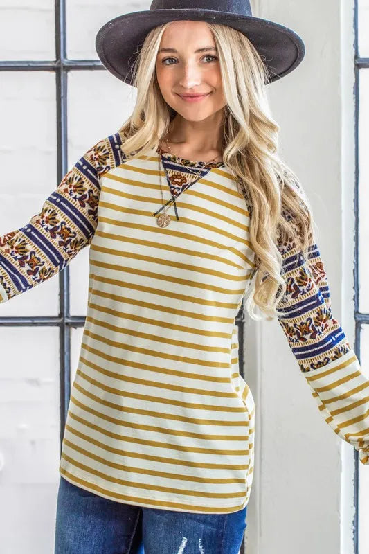 And The Why Stripe Ethnic Print Raglan Top