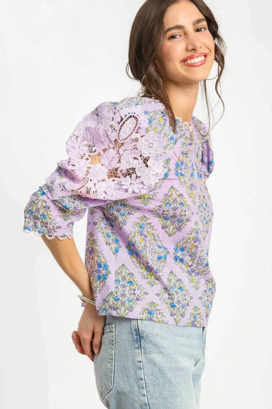 Umgee Printed Lace Puff Sleeve Blouse