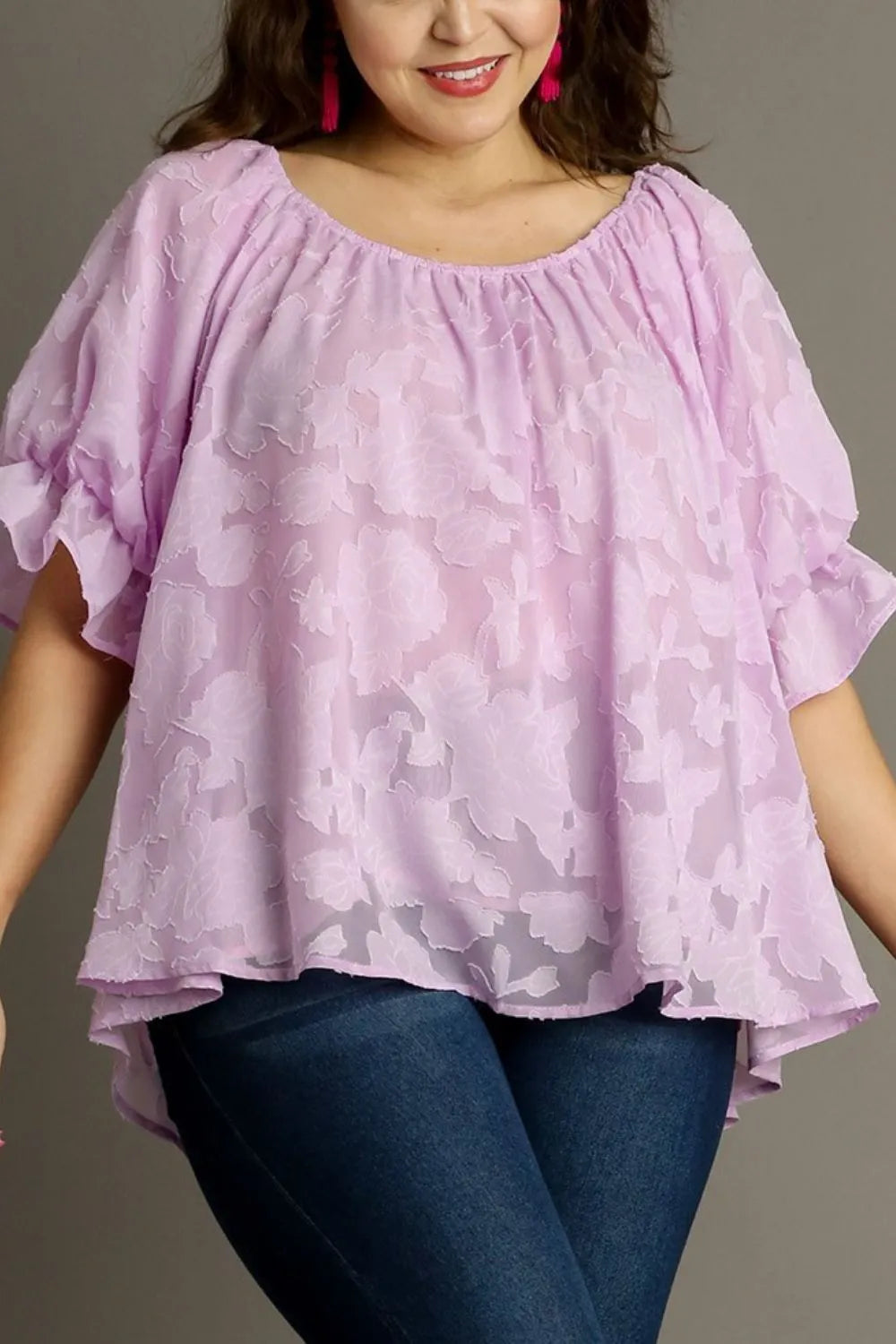 Umgee Full Size Jacquard Round Neck Ruffled Puff Sleeve Blouse Plus Size