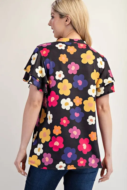 Celeste Bold Floral Ruffle Sleeve Top