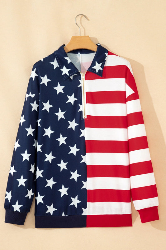 USA Flag Stars & Stripes Zip Collar Oversized Sweatshirt