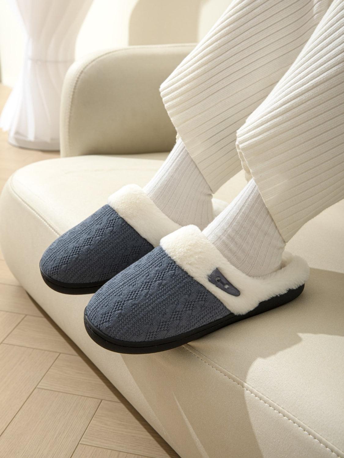 Horn Buckle Furry Texture Flat Slippers Dusty Blue