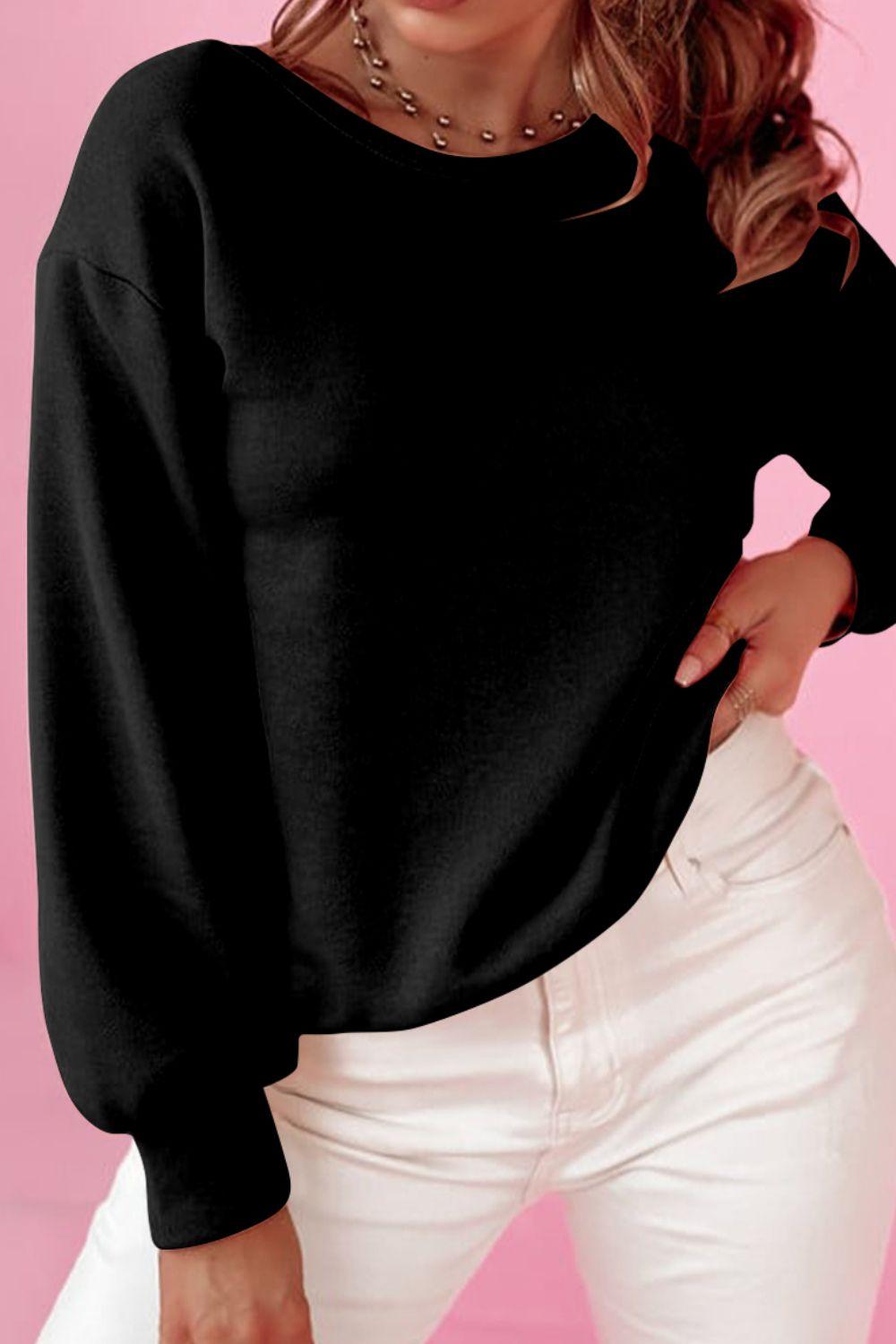 Bow Round Neck Long Sleeve Sweatshirt Black