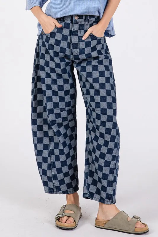 SAGE+FIG Barrel Style Leg Checkered Print Jeans DENIM BLUE