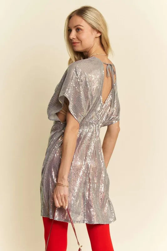 Davi & Dani Sequin Plunge Neck Knot Cut Out Tie Back Party Dress