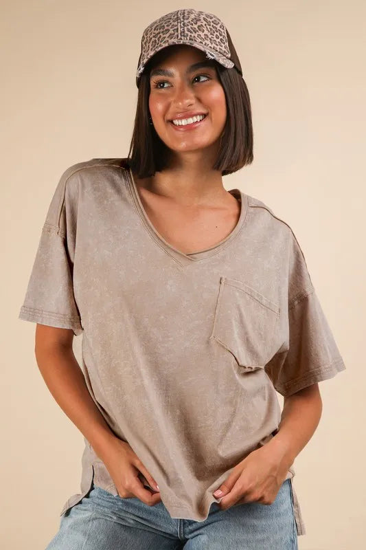 VERY J Mineral Washed V-Neck T-Shirt Taupe
