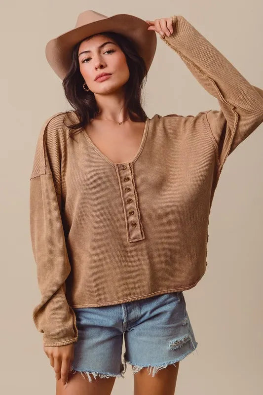 SO ME Frayed Cut Mineral Washed Deep V Neck Waffle Top